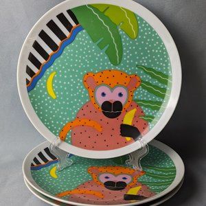 Three 1989 Vandor Pelzman Salad Plates Colorful Monkey Green Orange Blue Wear